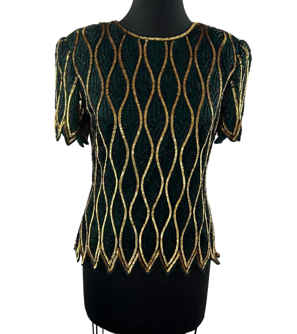 VINTAGE STENAY Green Gold Sequin Short Sleeve Crewneck Scalloped Top Size PS